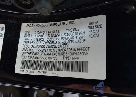 2016 Honda Cr-V Touring z USA, uszkodzony, nr VIN 5J6RM4H96GL107725